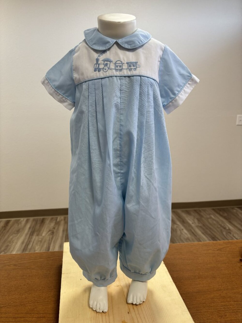 Toddler Tyke 9M Blue Train Bubble Romper | Peter Pan Collar | Heirloom Baby Boy